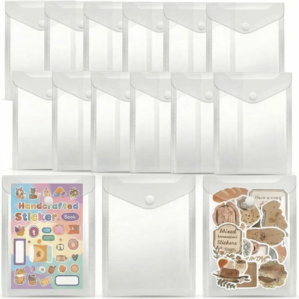 12PCS Waterproof Clear Sticker Organizer Plastic 4 Size Die Storage Pockets Envelopes with Snap Scrapbook Stamp Storage Bag