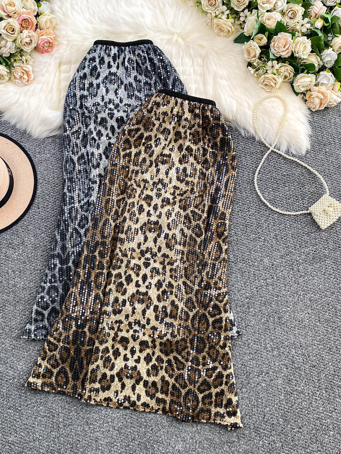 

Модная тяжелая рабочая юбка с леопардовым принтом и пайетками, женская осенне-зимняя облегающая длинная юбка с высокой талией и фей-хвостом