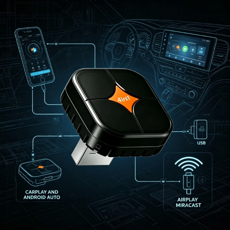 1. In‑Car Projection USB Box, 4‑in‑1 Wireless Dongle Supports CarPlay Android Auto OTA Firmware Refresh