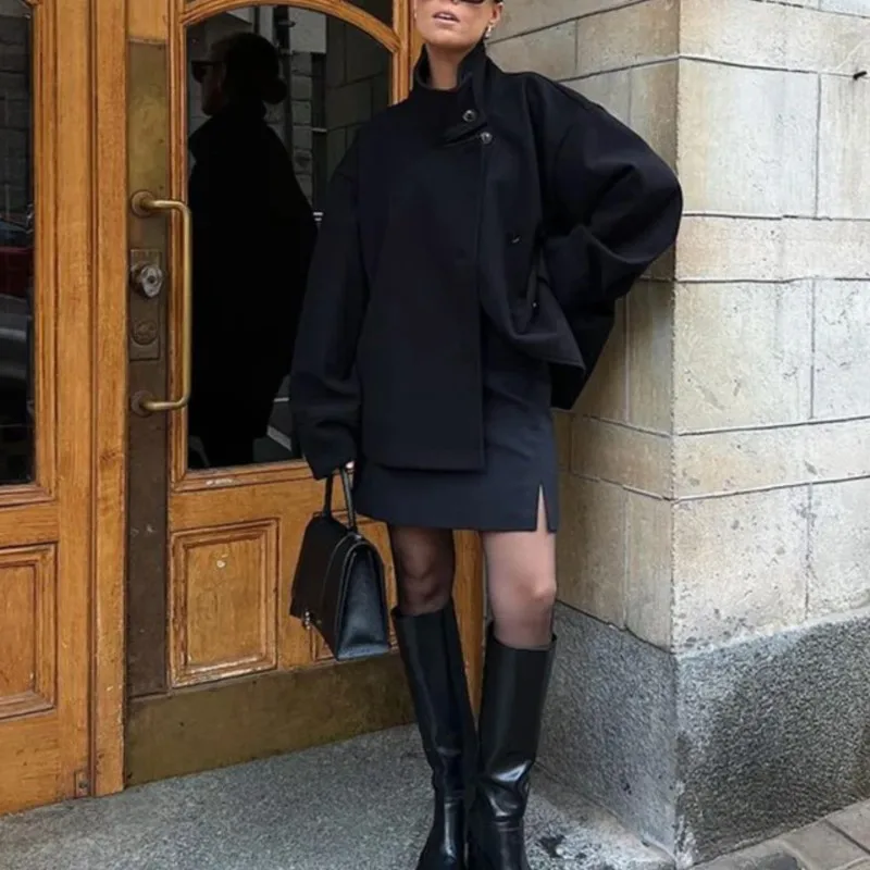 Autumn Winter Women Stand Collar Woolen Coats Single Breasted Long Sleeve Turtleneck Loose Short Coat New Double-Breasted Jacket