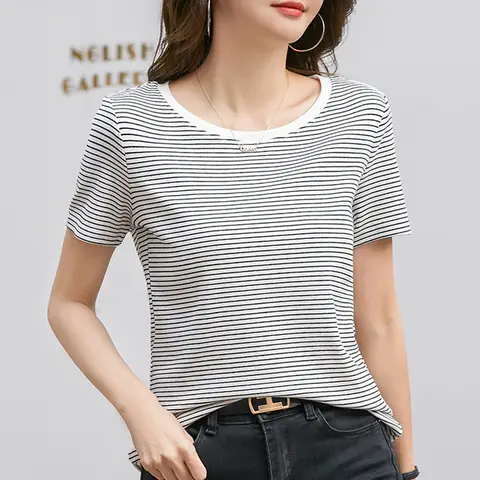 # 0236 스트라이프 T 셔츠 여성 반팔 코튼 여름 여성 티 셔츠 슬림 o 넥 Office Womens Tshirt Elegant