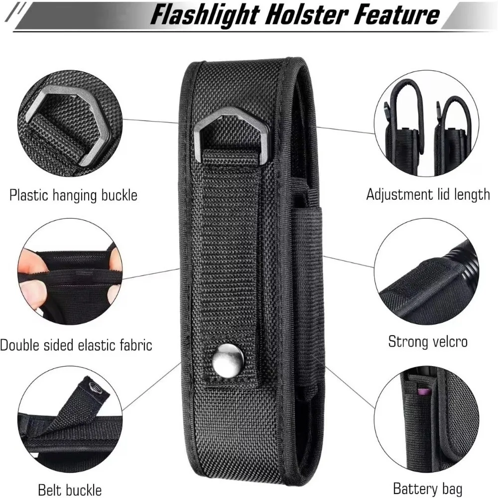 Nylon Flashlight Pouch Hook and Loop Closure Snap Closure LED Torch Pouch Belt Attachment Adjustable Flashlight Holder