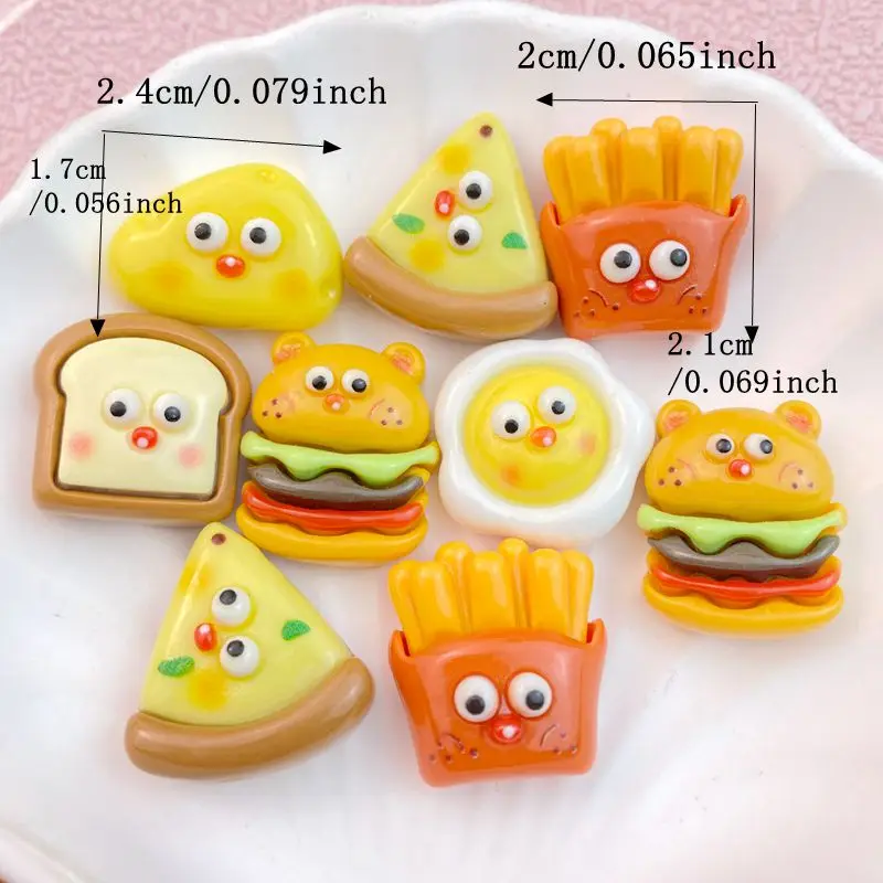 10Pcs New Cute Cartoon Pizza, Hamburger, French Fries Series Flat Back Ornament Jewelry Bows Accessories