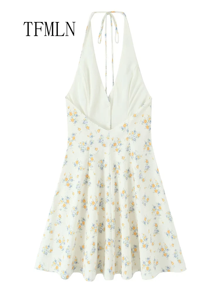 TFMLN 2023 Zomer Vrouwen Bloemenprint Halter Jurk Zoete Dames Single Breasted Party A-lijn Jurk Mode Causale Backless Jurk