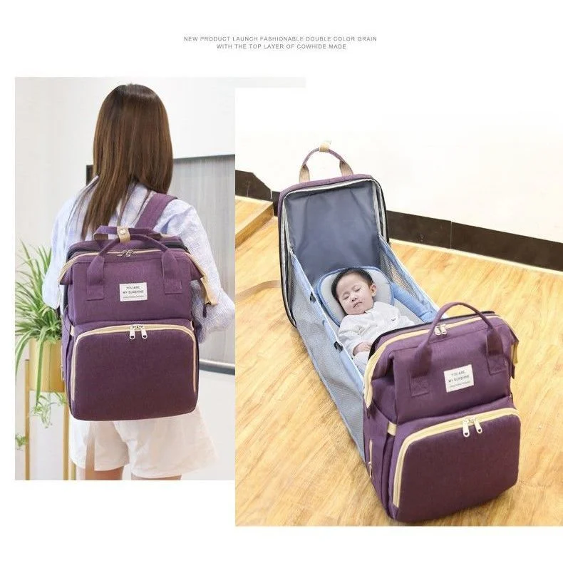 Folding Mommy Bag Large-capacity Baby Backpack Female Mommy Outting Bag Mummy Bag USB upgrade Portable Folding Crib Bed