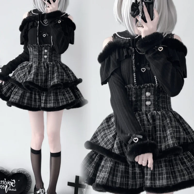 

Spring, Autumn, Winter Pearl Lace Bow Plush Lolita Cute AdorablelolitaKnitted Long Sleeve Half Skirt Set