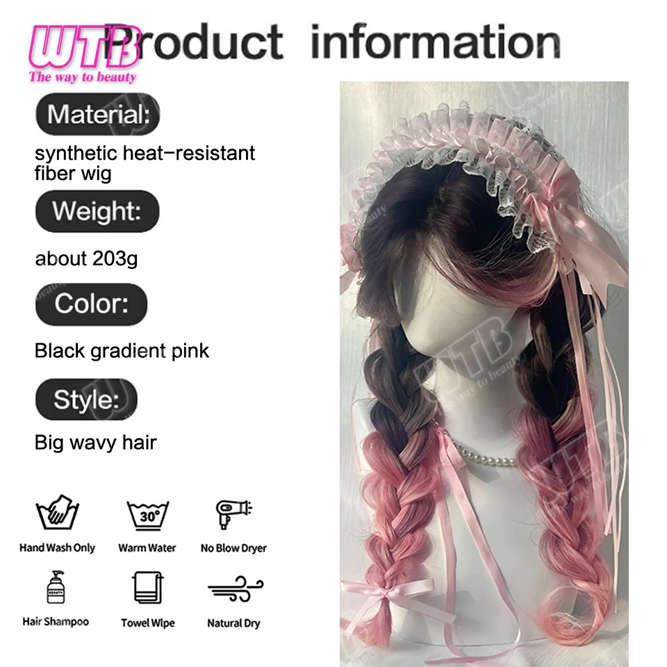 WTB Pink Highlighted Synthetic Wig Long Curly Wig with Lace Front and Bangs Suitable for Women's Holiday Events and Cosplay - view 6