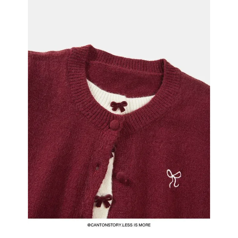 Faux pull tricoté rétro deux pièces pour femme, manteau avec nœud doux, Style Mori doux et frais, automne hiver