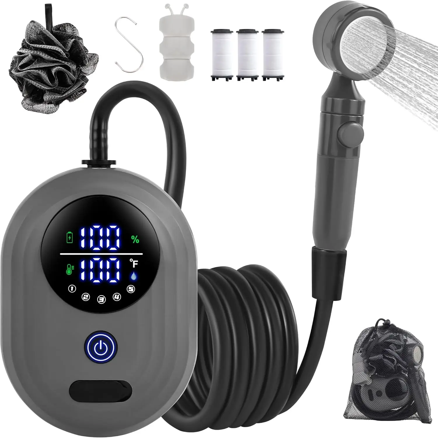 

Lightweight Portable Camping Shower, 6000mAh Rechargeable Outdoor Shower Pump with 5 Pressure Modes, Filtered Shower Head