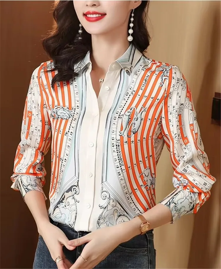 2025 Spring Autumn Trend Vintage Print Women Shirt Tops Fashion Long Sleeve Blouse Casual Office Elegant Female Lapel New Shirt