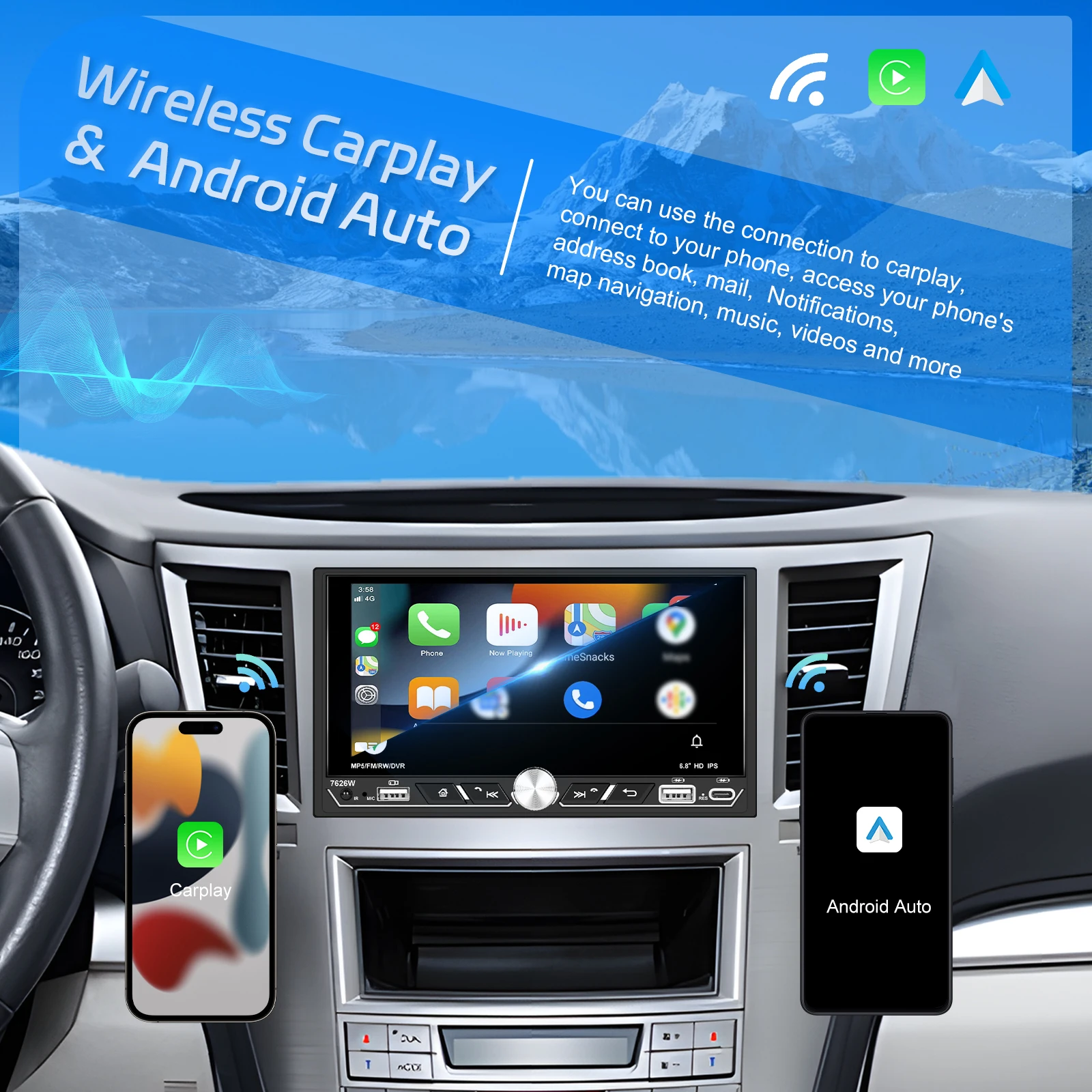 مشغل Hikity 2Din MP5 مقاس 6.8 بوصة مشغل وسائط متعددة لاسلكي Carplay Android Auto Type-C شحن سريع EQ Sound FM/AM/RDS ستيريو للسيارة #3