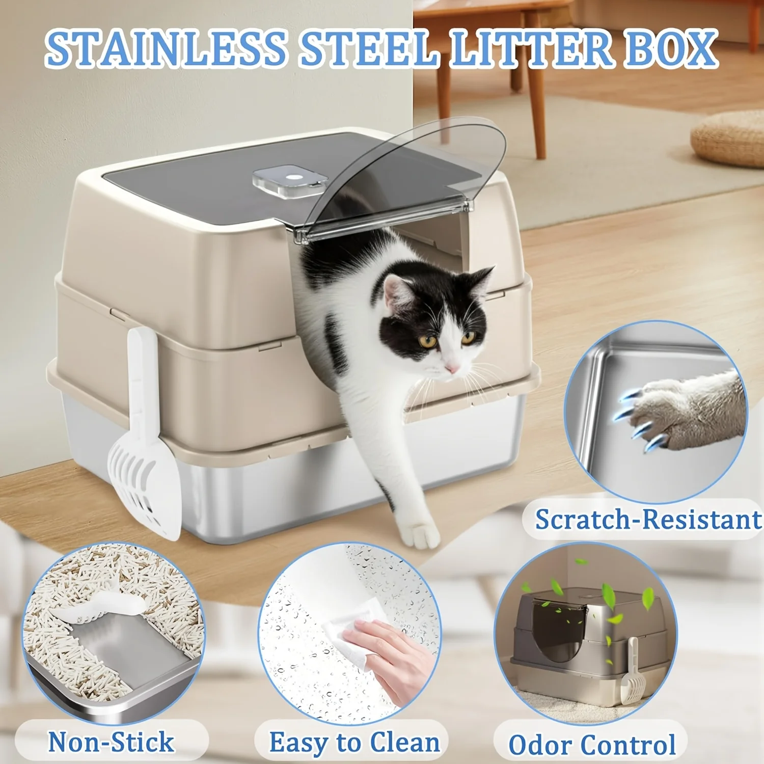 

2pcs Set [Cat Litter Box + Cat Litter Scoop] Enclosed Cat Litter Box with Flip Lid, Stainless Steel Large Lid Cat Litter Box, Hi