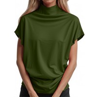 Ladies' New Trendy Fashion Solid Color Soft Turtleneck Top High End Basic Daily Commute Thin Short Sleeve Pleated Clothing