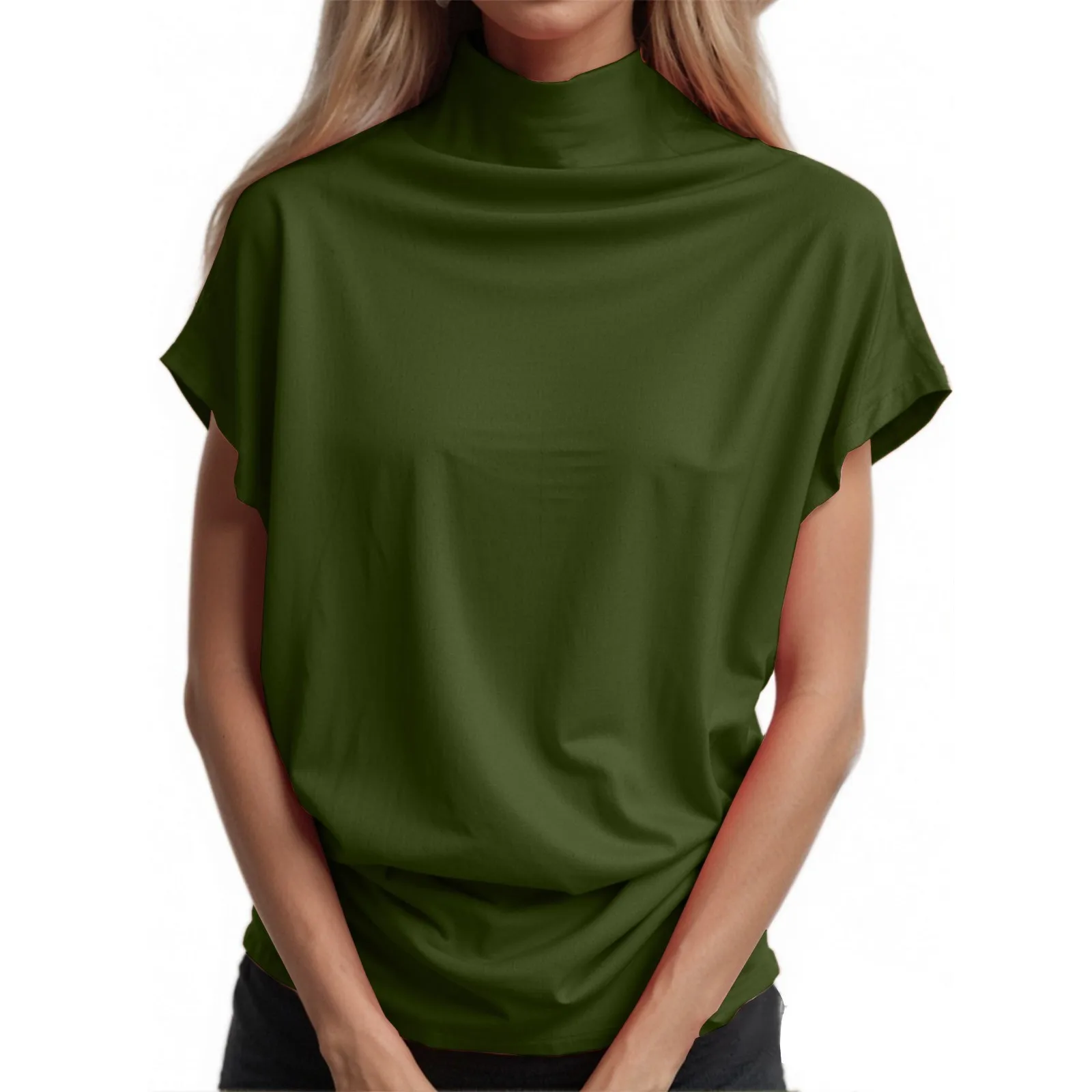 Ladies' New Trendy Fashion Solid Color Soft Turtleneck Top High End Basic Daily Commute Thin Short Sleeve Pleated Clothing