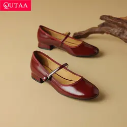 QUTAA 2024 Women Flats Heel Shoes Spring Summer Round Toe Mary Jane Split Leather Casual Working Shoes Woman Size 34-40