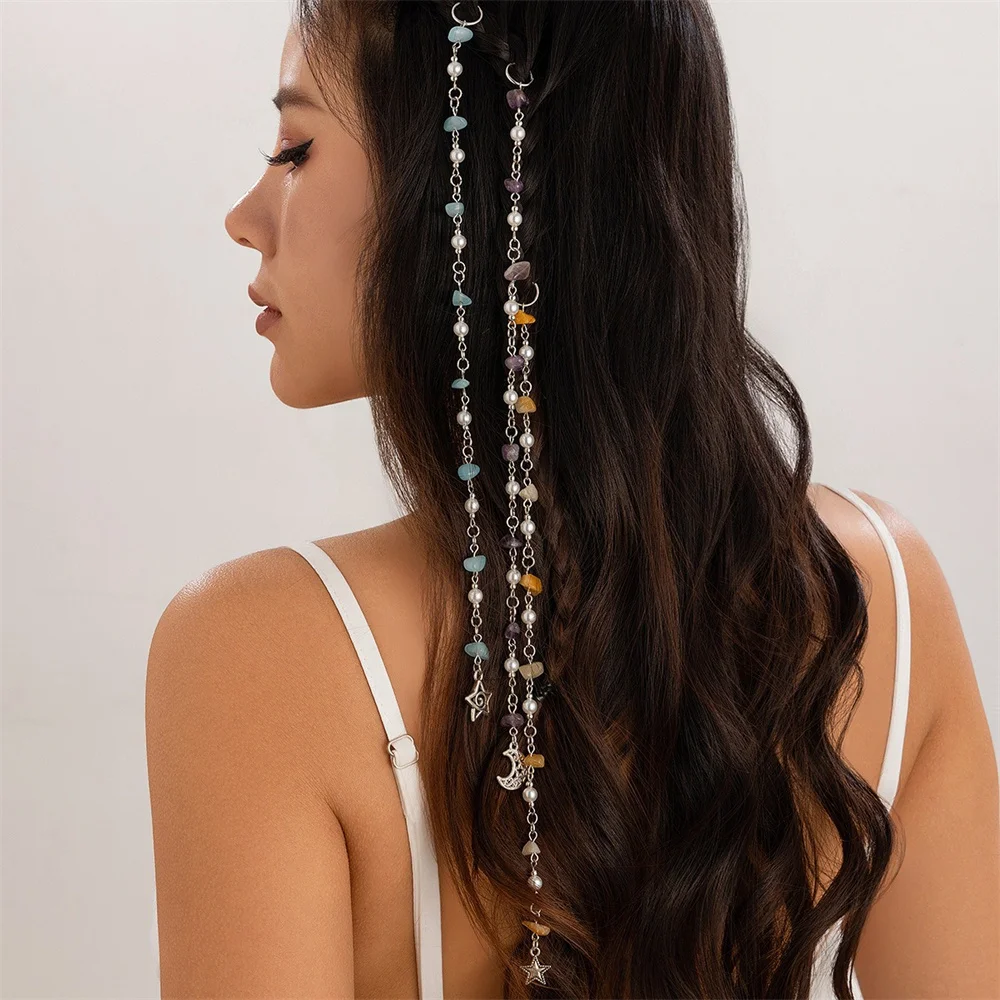 Long Chain Stone Beaded Alloy Braid Hair Ring Dreadlock Hair Ring for Women Butterfly Moon Pendant Hair Jewelry for Braids Gifts