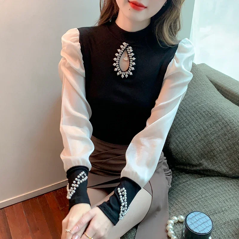 

Women's Hollow Beaded Chiffon Shirt Women Black and White Splicing Fashion Long Sleeve Tops Casual Chic Spring Clothing Feminine