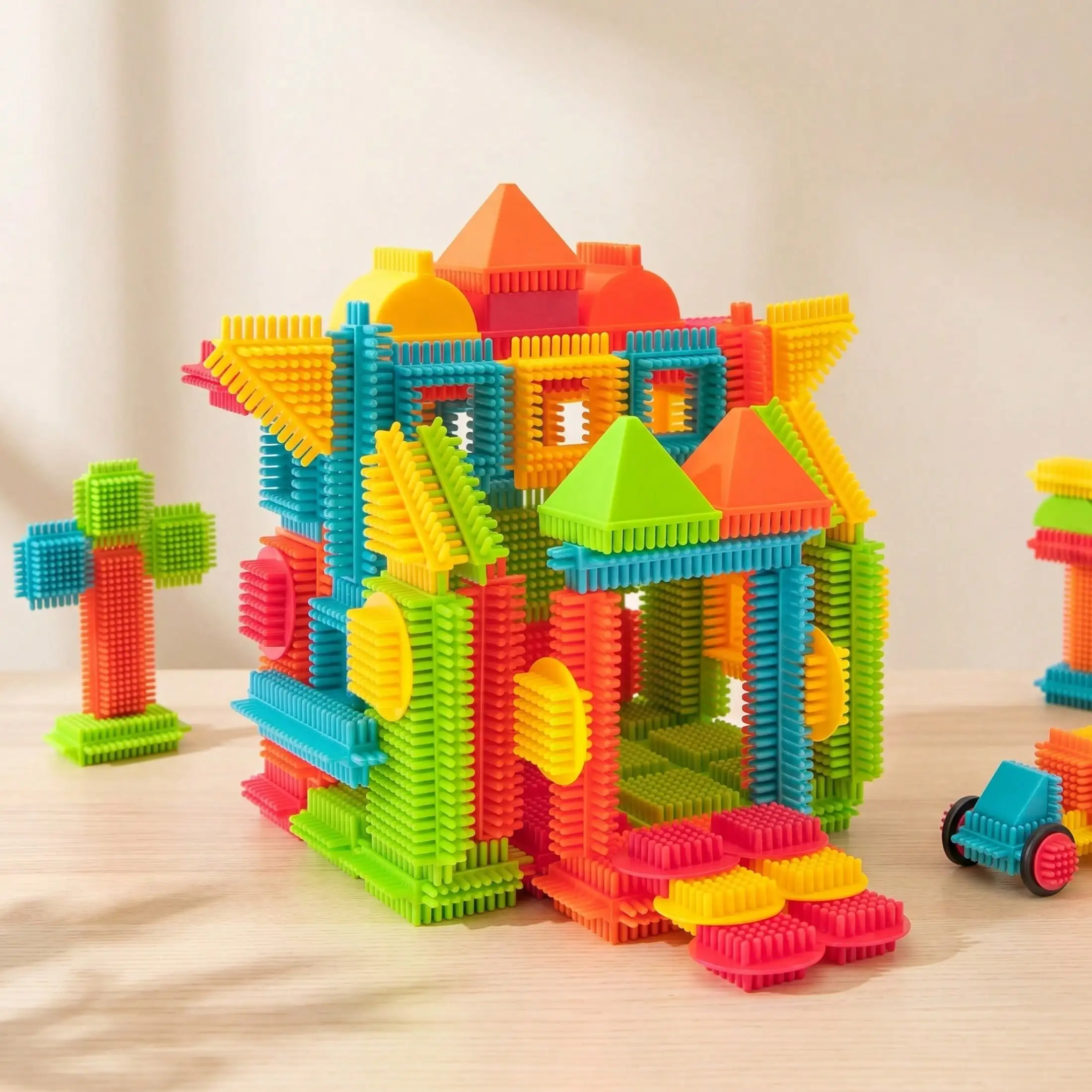 Assorted Interlocking Spike Building Blocks Set,Colorful Bristle‑Style Construction Bricks,Creative DIY STEM Educational Toy for Toddlers & Kids with Portable Storage Bag for Preschool Interactive Play