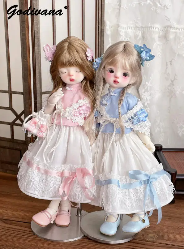 Sweet Cute Chinese Style BJD Doll Outfit Spring and Autumn Qipao Collar Lace Dress Set with Flower Hair Clips for 1/6 YOSD Doll