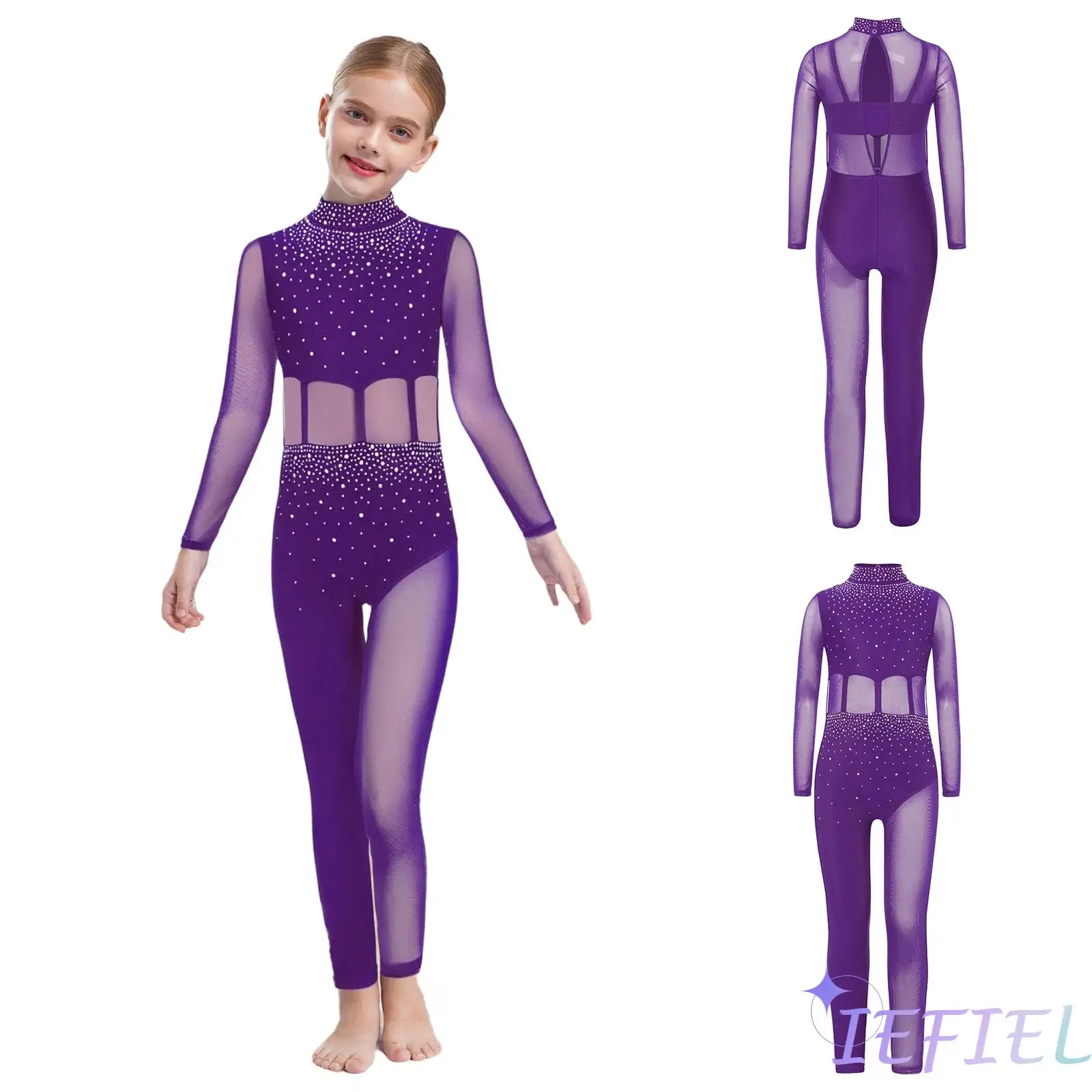 Girls Professional Figure Skating Catsuit with Keyhole Back Design Sheer Mesh And Rhinestone Decorated Jumpsuit for Ice Shows