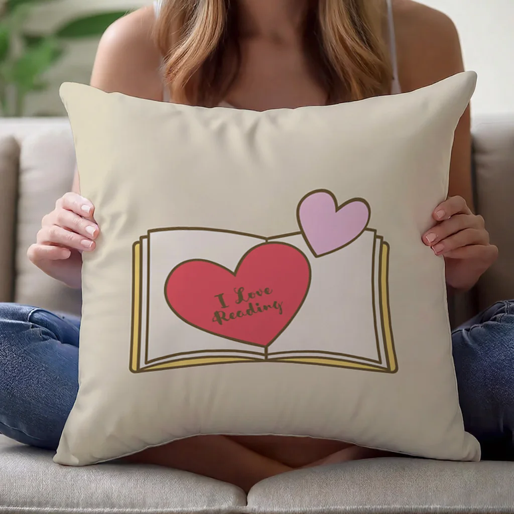 Pillow Cover I Love Reading Book Heart Design Soft Plush  Machine Washable Sofa Bed Chair Library Decor Gift for Book Lovers