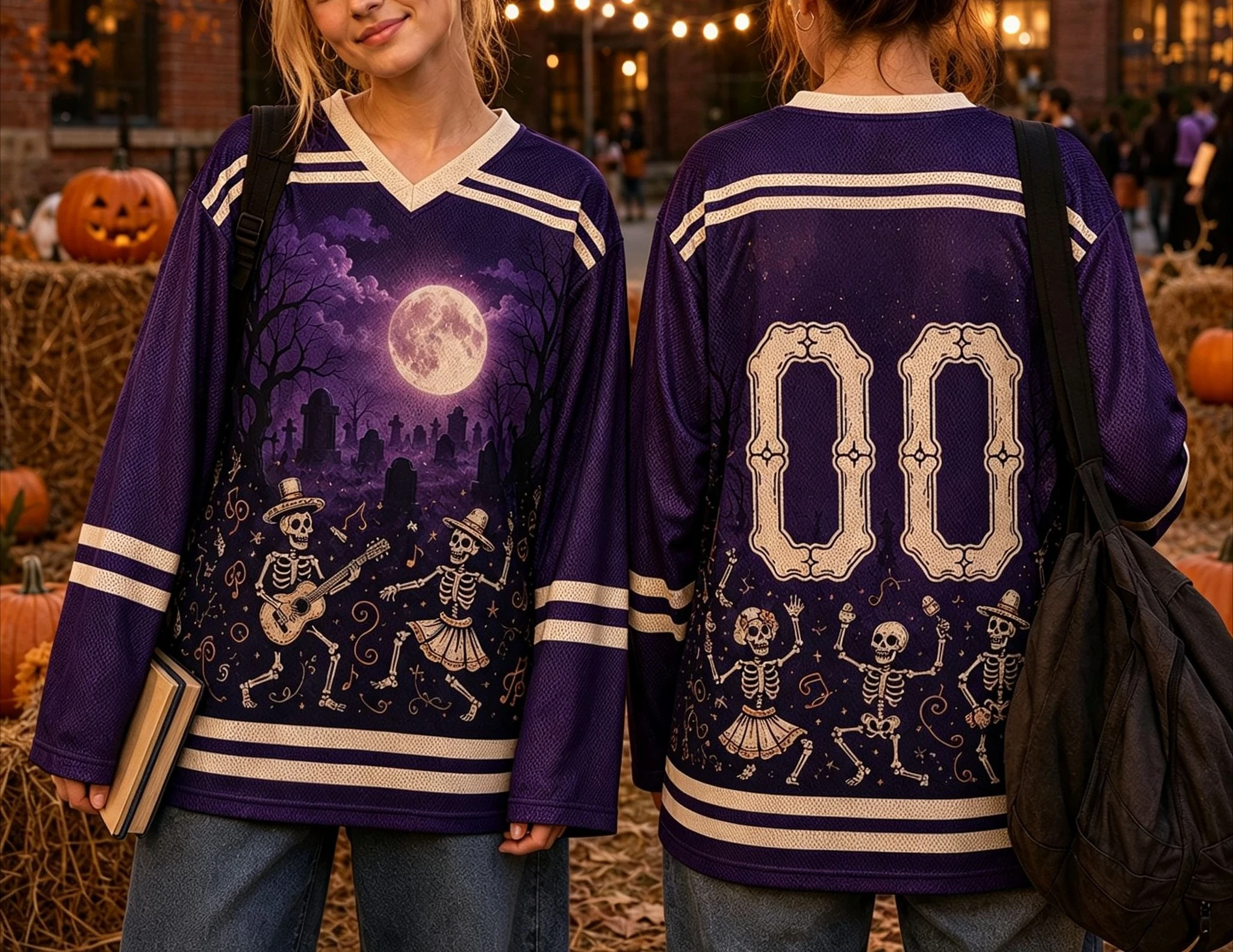 Halloween Day of The Dead Graphic Hockey Jersey 3D Print V Neck Dancing Skeleton Music Note Long Sleeve Tops Family Matching