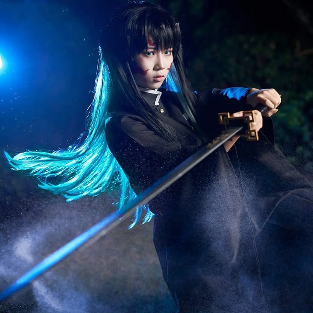 Anime Demon Slayer Kimetsu No Yaiba Cosplay Black to Blue Gradient Tokitou Muichirou WigLong Straight Wig Men Women Heat Re