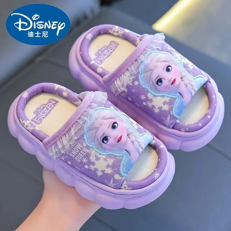 New Disney Children Flax Slippers Baby Girls Cartoon Princess Frozen Elsa Kids Indoor Anti-slip Beach Flip Flops Shoes 24-36