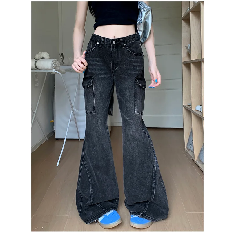 

Womens black Jeans High Waist Baggy Casual Vintage Y2K Design Sense Straight pants Street American summer Wide Leg Denim Trouser