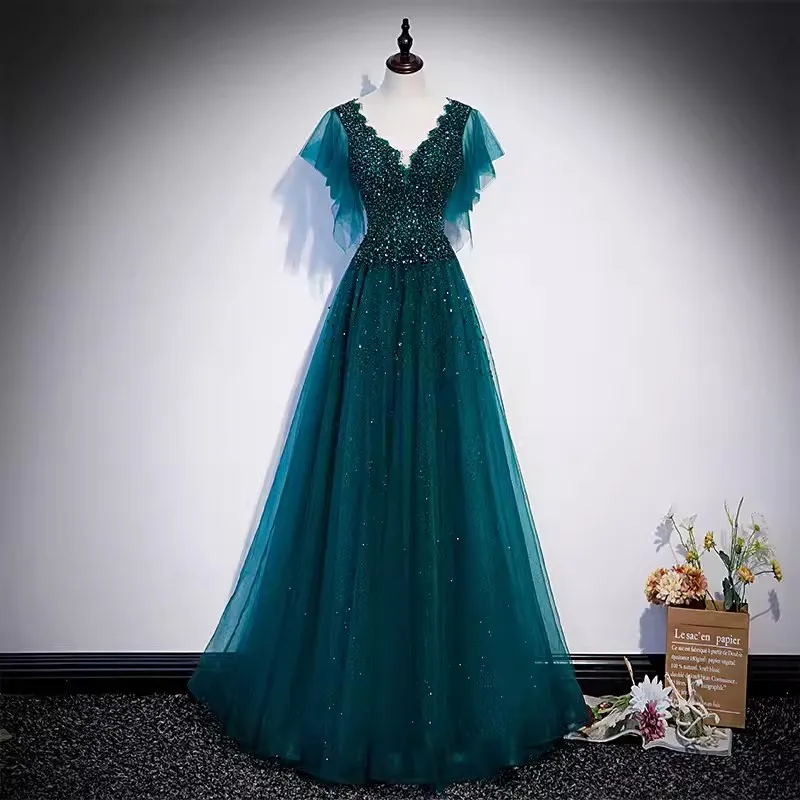 AA173 Customized Real Picture Hunter Green Evening Formal Dress Short Sleeve Sequined Women Formal Special Occasion Party Dress