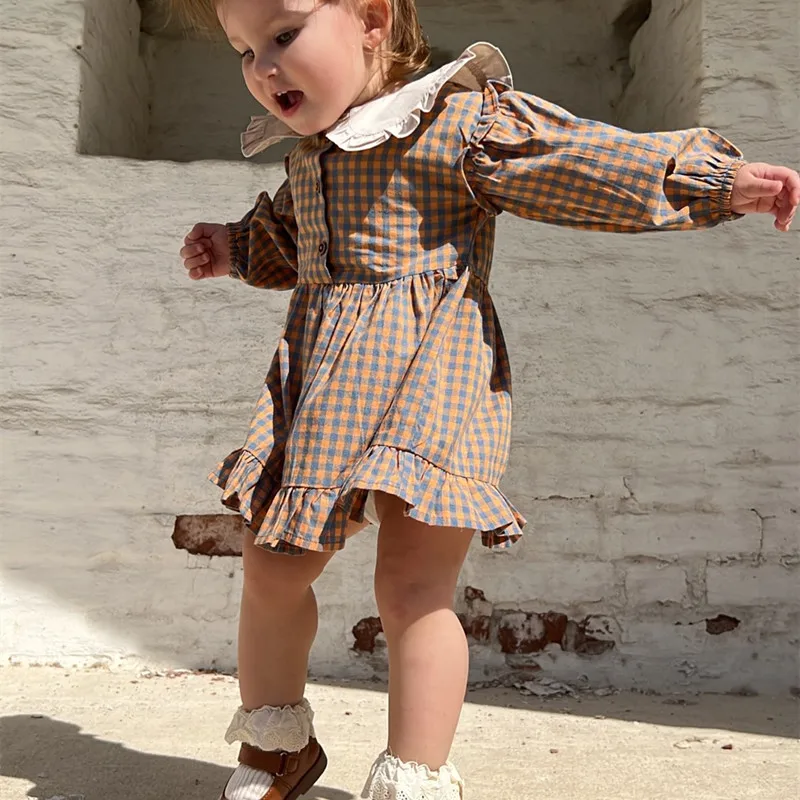 New Spring Girls Clothing Cute Children Dresses Kids Baby Girl Plaid Cotton Linen Lapel Collar Dress Long Sleeve Skirt