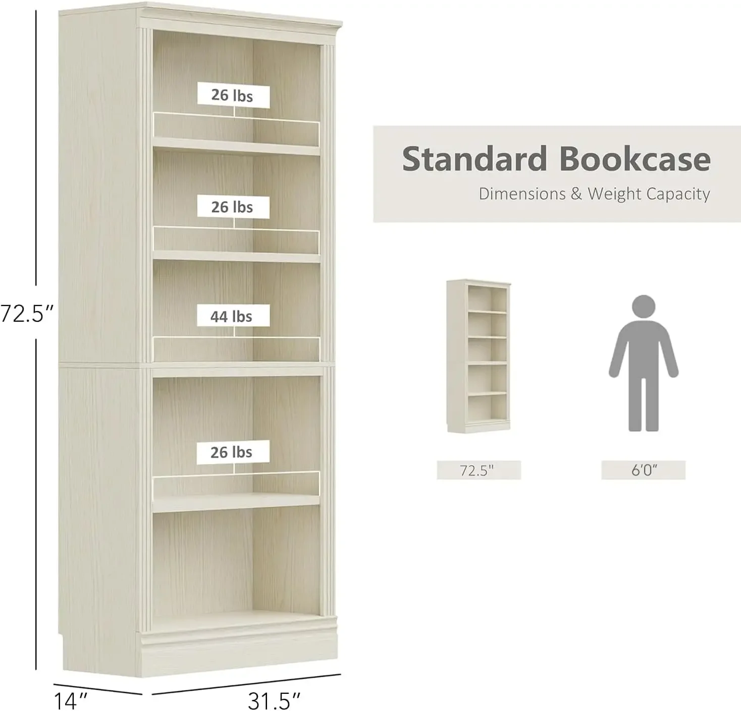 Standard Bookshelves and Bookcase Floor Standing 5 Tier Adjustable Shelves Organizer and Storage, 72in Tall Bookshelf for Home