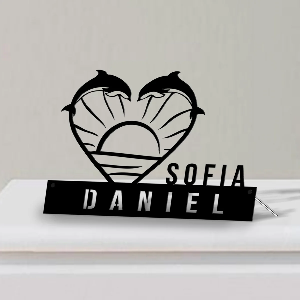 

Custom Dolphin Heart Desk Name Plate Wedge, Personalized Nameplate Dolphin Fish Office Sign Company Shelf Tabletop Plaque Gift