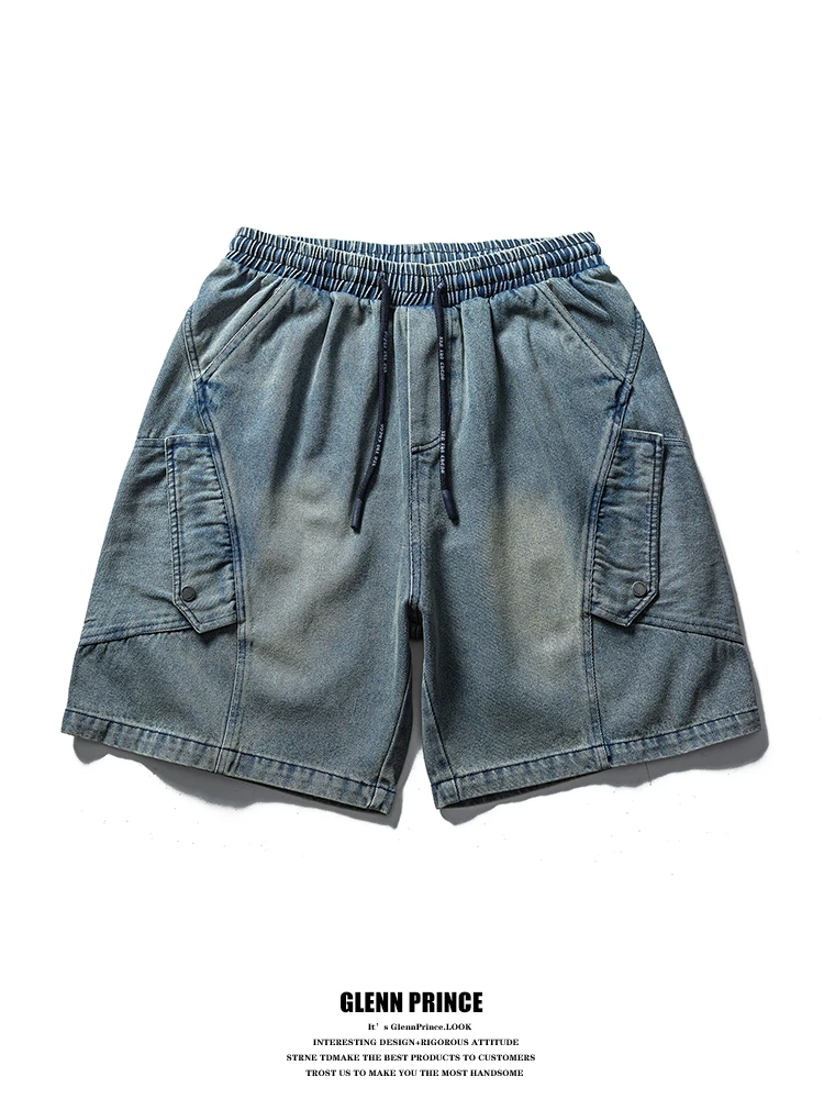 

Retro GPstudio Men's Loose Fit Straight Leg Short Jeans Summer High Street Workwear Washed Pocket Shorts Fashionable Casual
