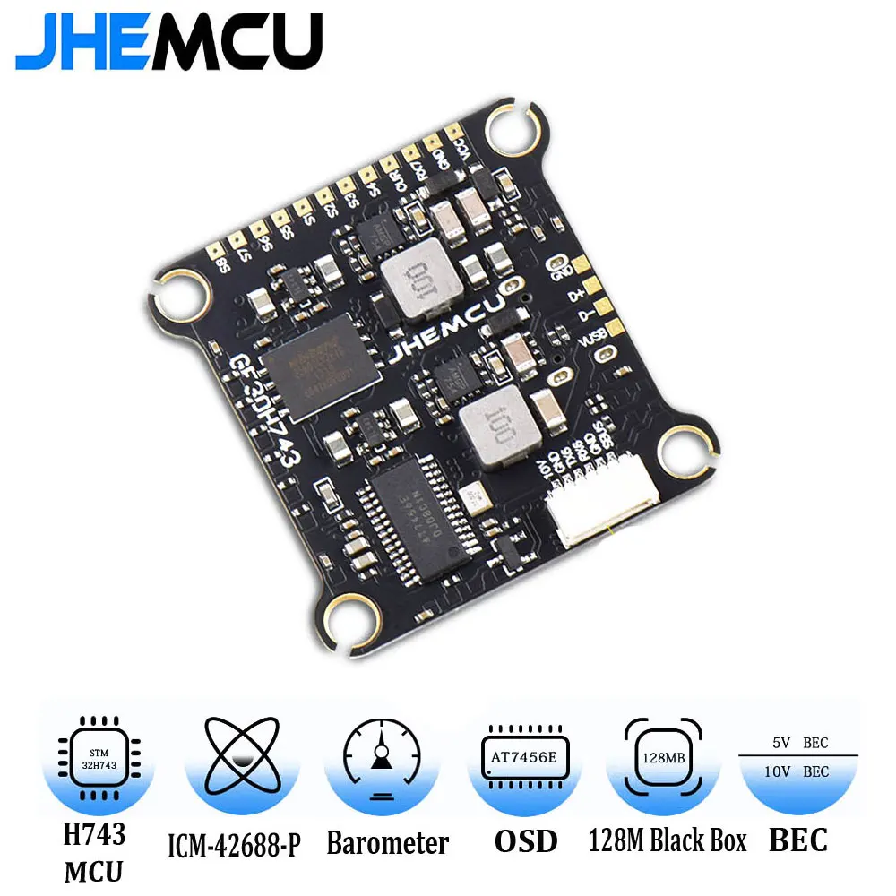 

JHEMCU GF30H743 H743 480MHZ Flight Controller ICM-42688-P DUAL Barometer OSD 128M BlackBox Dual BEC 3-6S 30X30mm for FPV Drones