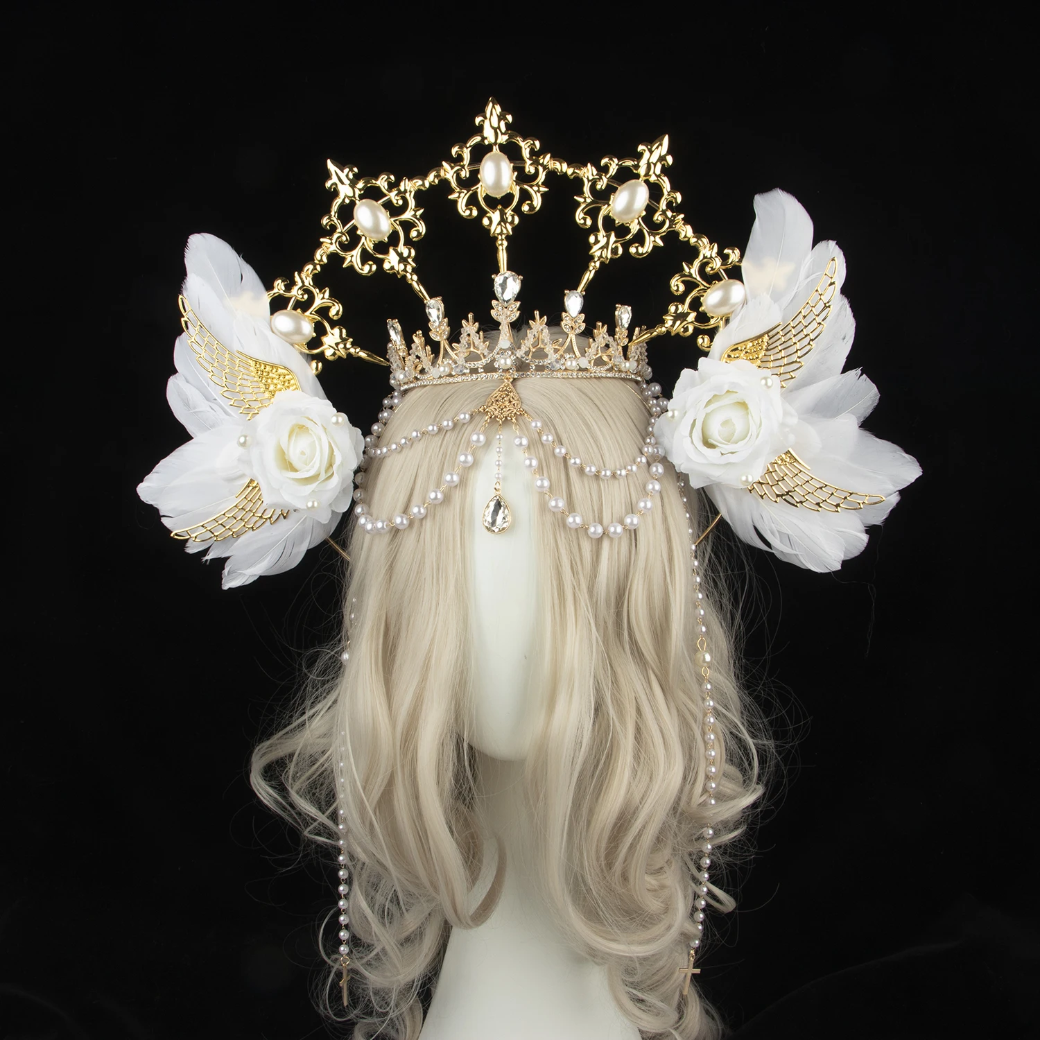 

Lolita Sun Godmother's Crown Headwear KC Gothic White Rose Angel Wings Virgin Mary Bead Chain Baroque Tiara Hair Accessories