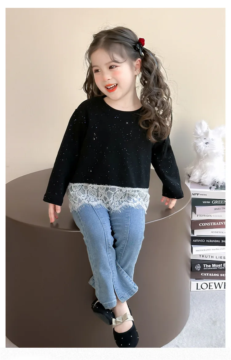 Neue Herbst Mädchen Bodenbildung Shirt 1-7T Spitze Patchwork Nette Punkte Langarm T-shirts kinder Basis Tops koreanischen Stil Kleidung – Detail 9