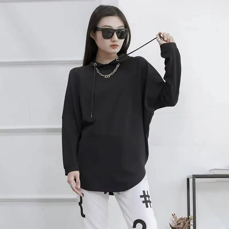 Ladies Hooded Pullover Hoodie Spring And Autumn New Pullover Bat Sleeve Bucket Solid Color Casual Loose Large Size Hoodie
