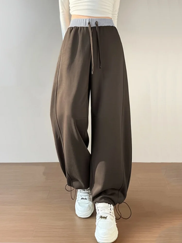 

Женские спортивные брюки цвета хаки, весна-осень 2026, новые, с высокой талией, на шнурке, широкие, с декоративными вставками, для повседневной носки