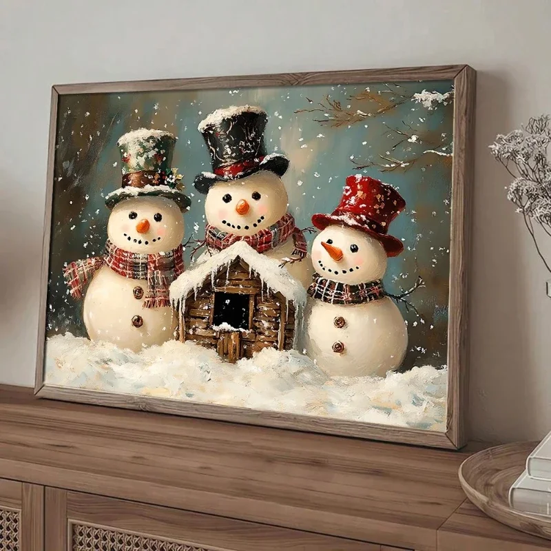 Adorable Snowmen Canvas Print Rustic Winter Holiday Art for Home Decor Cute Christmas Wall Decor for Living Room New Year Gift