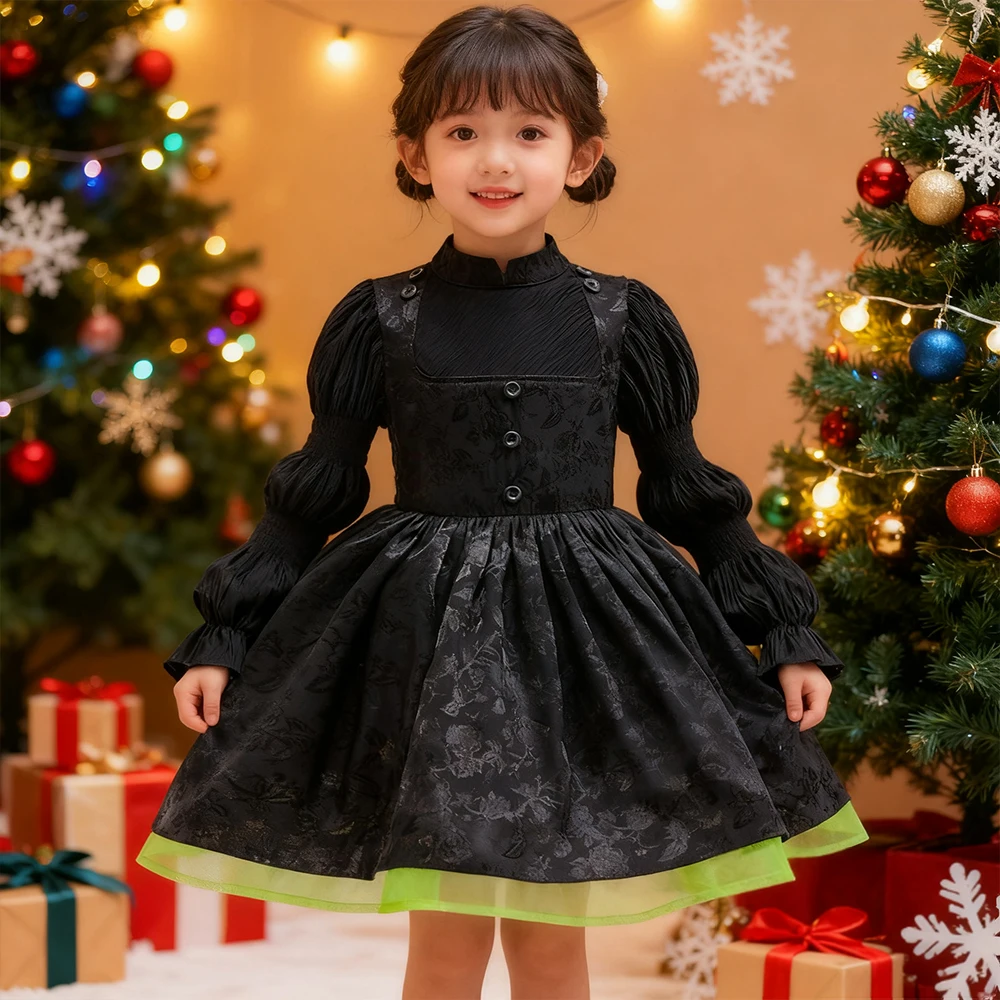 فساتين حفلات عيد الميلاد للفتيات فستان الأميرة الأسود أزياء الساحرة Elphaba التأثيرية فستان عيد الميلاد ملابس الخريف للأطفال