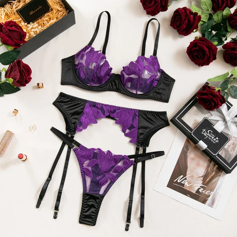 

Bikini Sexy Lingerie Mesh Patchwork Color-Block Embroidered Bra Garter Belt Three-Piece Set for Women