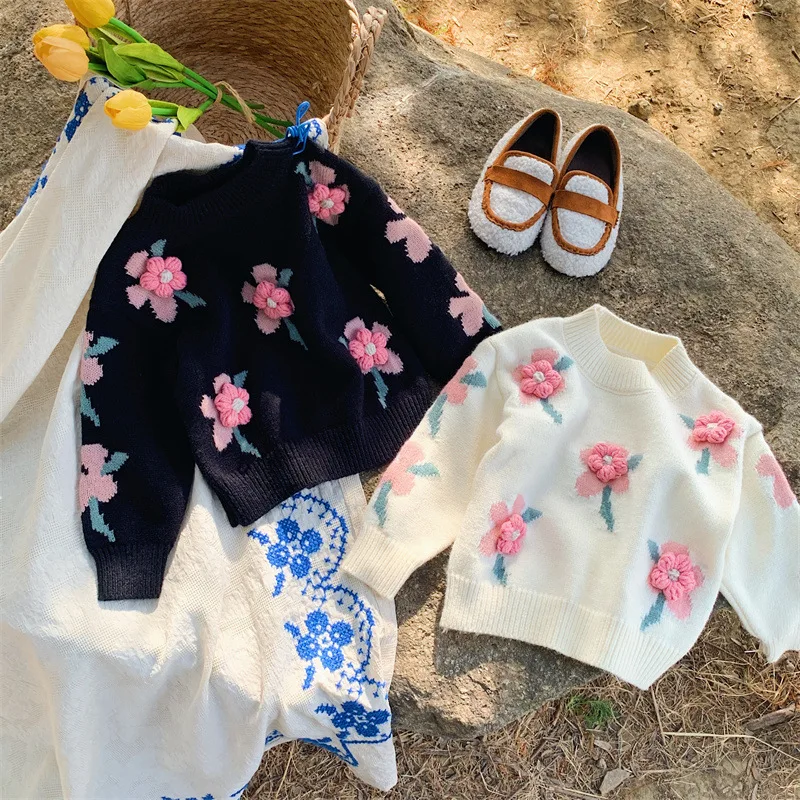 Autumn Winter Baby Girl Sweater Infant Toddler Girl Sweet Full Printed Pullovers Knitted Handmade Flower Children Girls Sweater