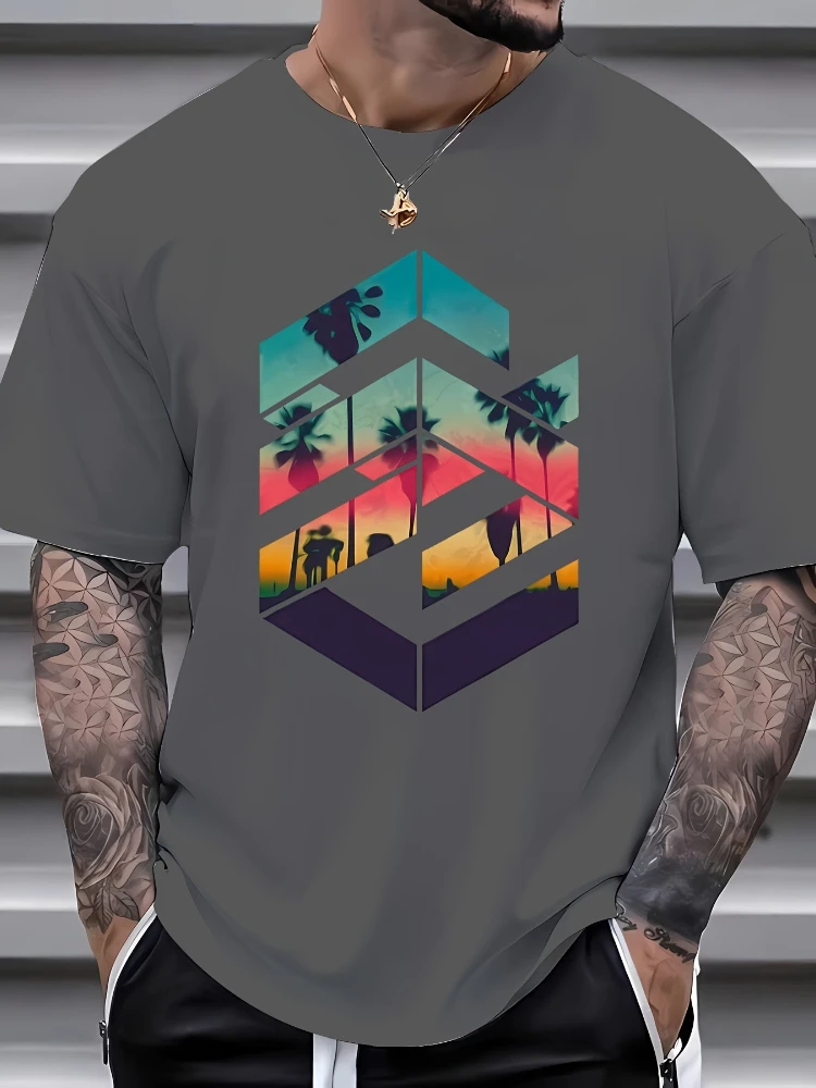 Geometry and science fiction patterns -100% cotton summer short sleeve O-neck printed men's T-shirt.