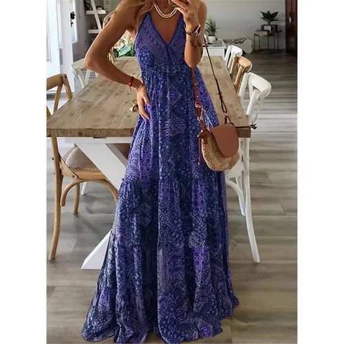 Imagen 1 del producto Ropa de mujer vestido largo estilo bohemio nuevo vestido largo con tirantes cintura alta cuello en V vestido floral estampado ropa de mujer