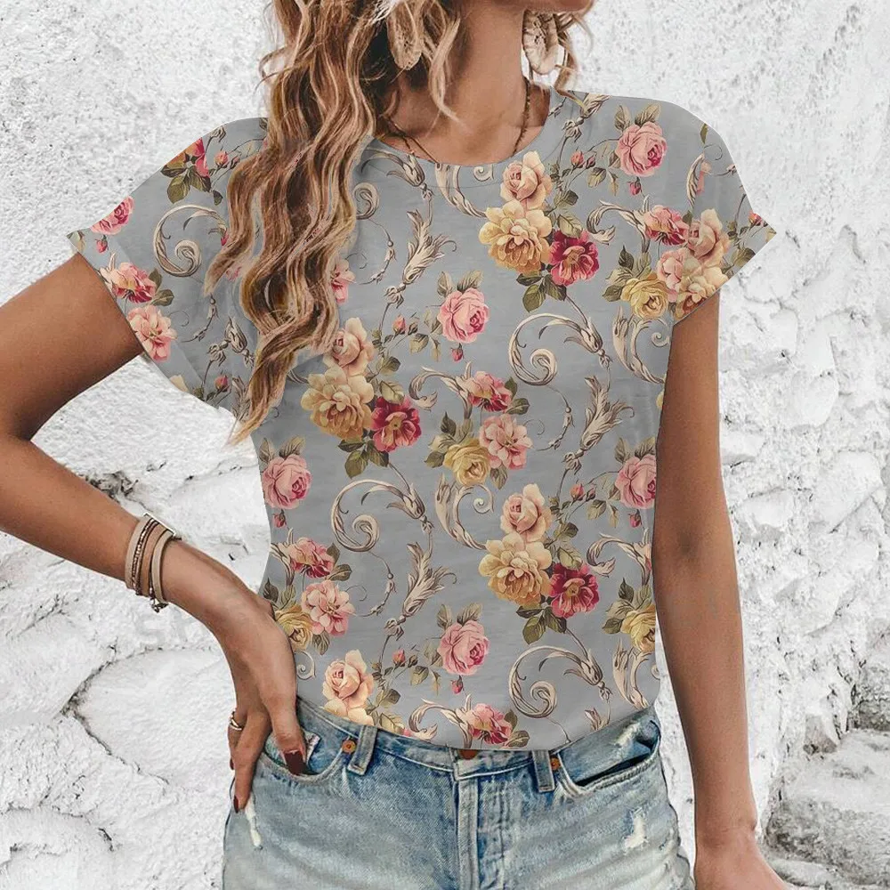 Fashion New Breathable Loose Round Neck T-shirt Summer Casual Comfortable T-shirt Vintage Flower Print Elegant Women\'s T-shirt