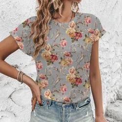 Fashion New Breathable Loose Round Neck T-shirt Summer Casual Comfortable T-shirt Vintage Flower Print Elegant Women's T-shirt