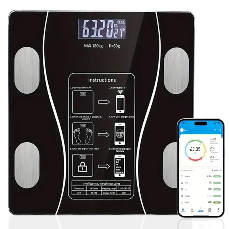 White/Black Smart Digital Body Fat Scale,High Precision Electronic Bathroom Weight Scale,LCD Display,Wide Standing Platform