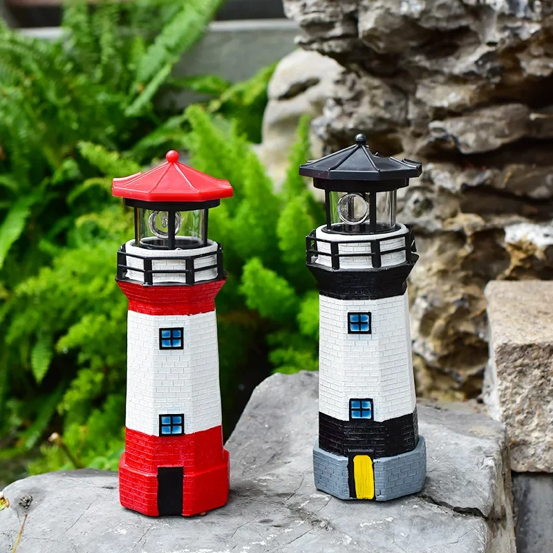 Outdoor Solar Resin Rotating Handmade Lighthouse Courtyard Landscape Decoration Light Lawn Garden Ornament Warning Light