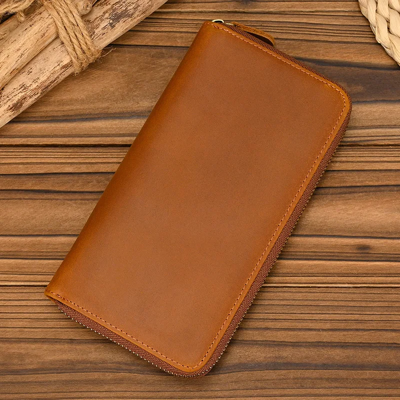 Vintage Crazy Horse Men Women Leather Long Purse single Zip Long Wallet For Cell Phone Card Coins Cash Double Interlayer